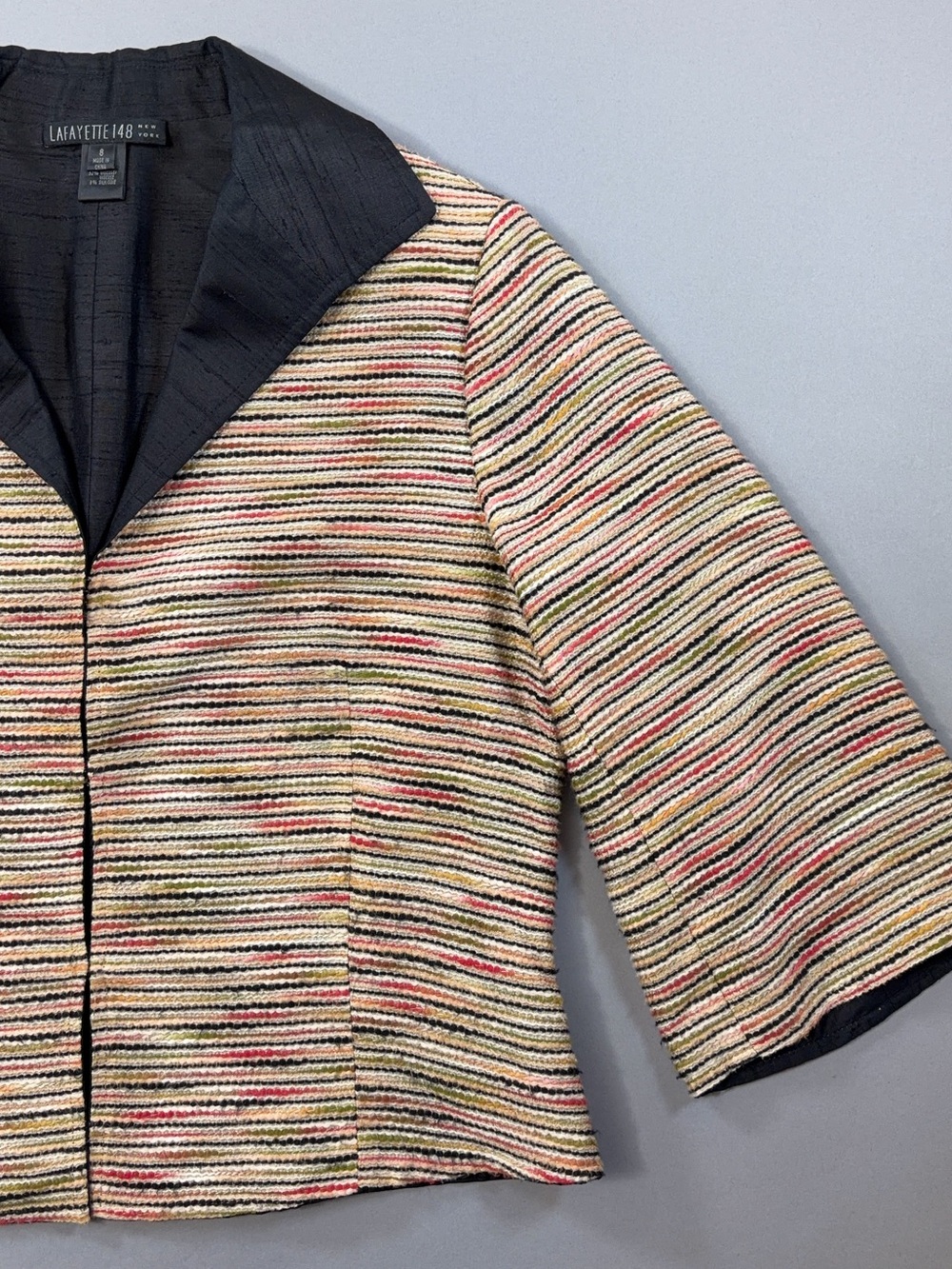 Lafayette 148 New York Multicolor Striped Silk Blend Swing Jacket 3/4 Sleeves